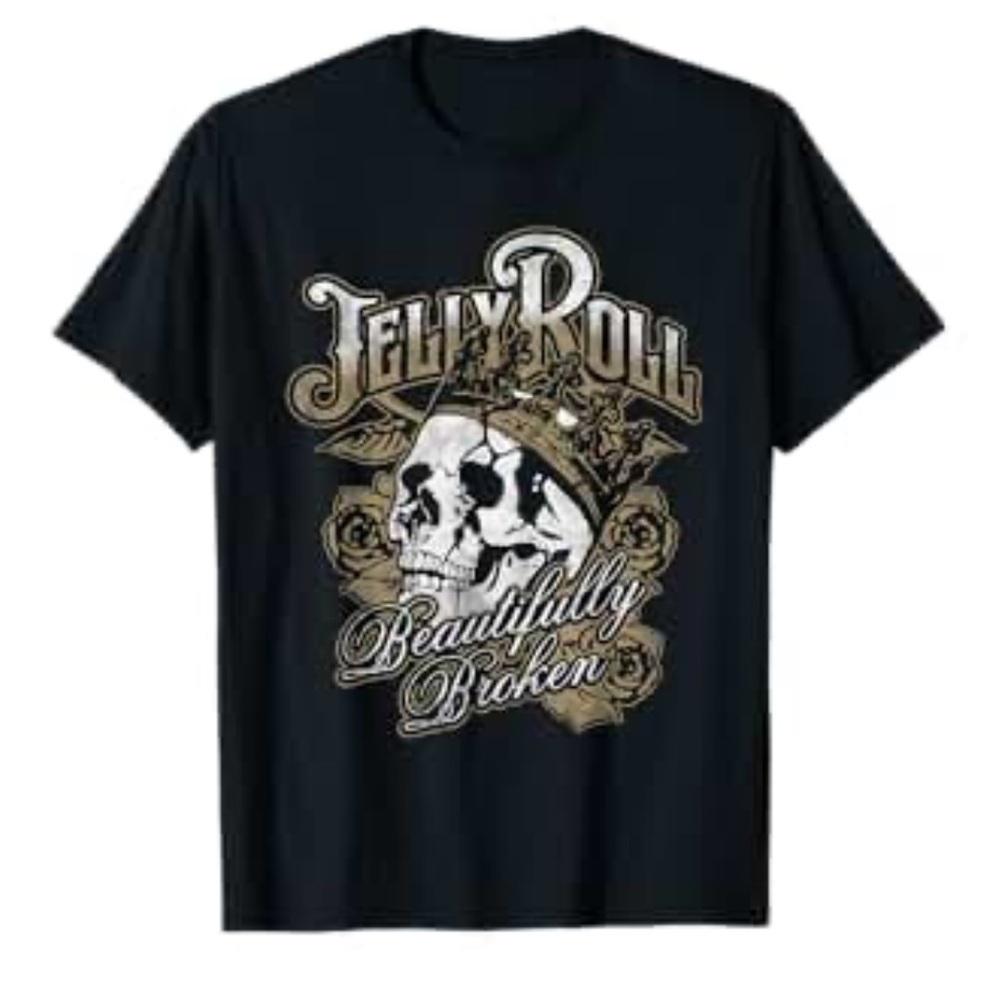 Jelly Roll Beautifully Broken Skull and Glowers Graphic T-Shirt Black Size XL